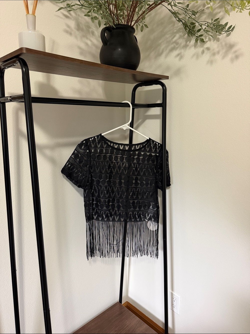 Black Fringe Crochet Short-Sleeve Top